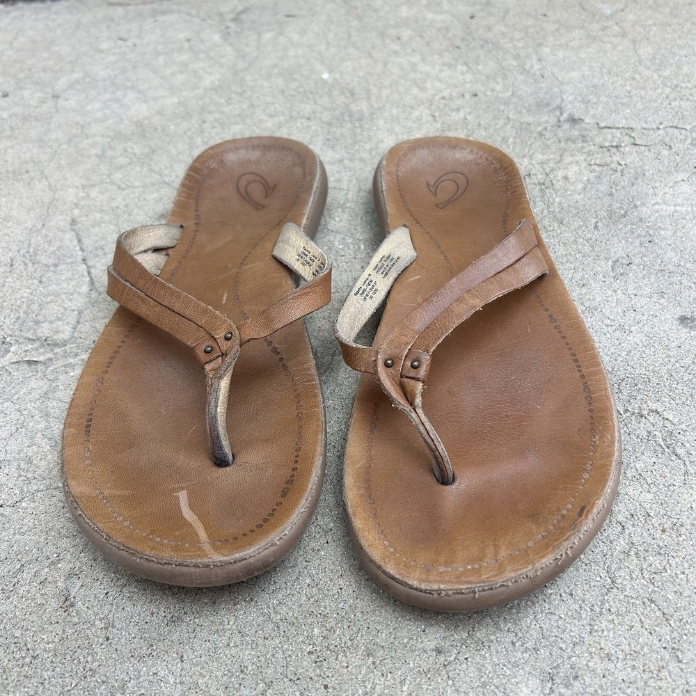 OluKai Women's Brown Leather Thong Sandals US 7 Leather Insole Rubber